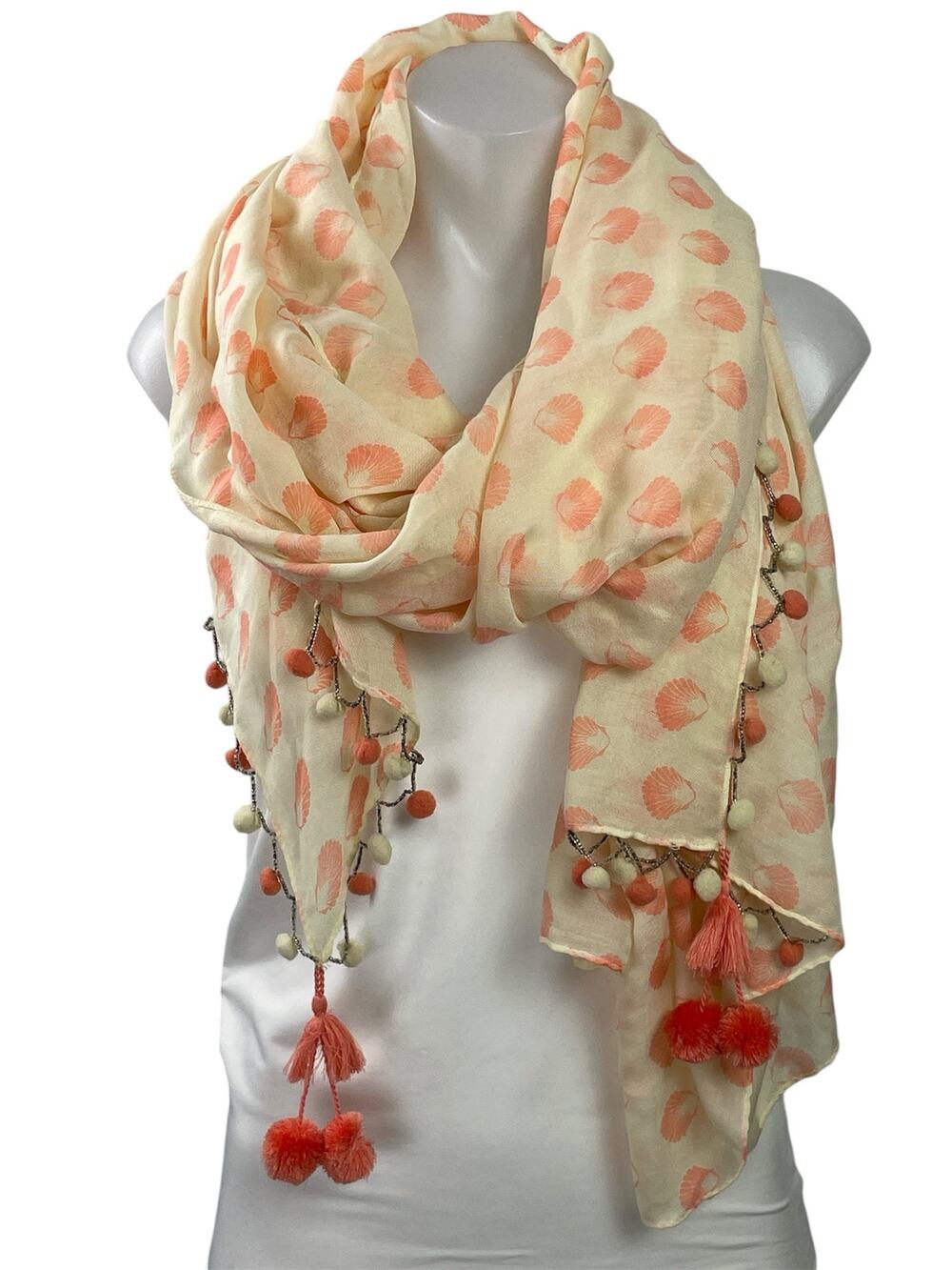 Star Mela Coral Seashell Tassel Tie Pom Pom Boho Shawl Wrap Neck Scarf Size OS